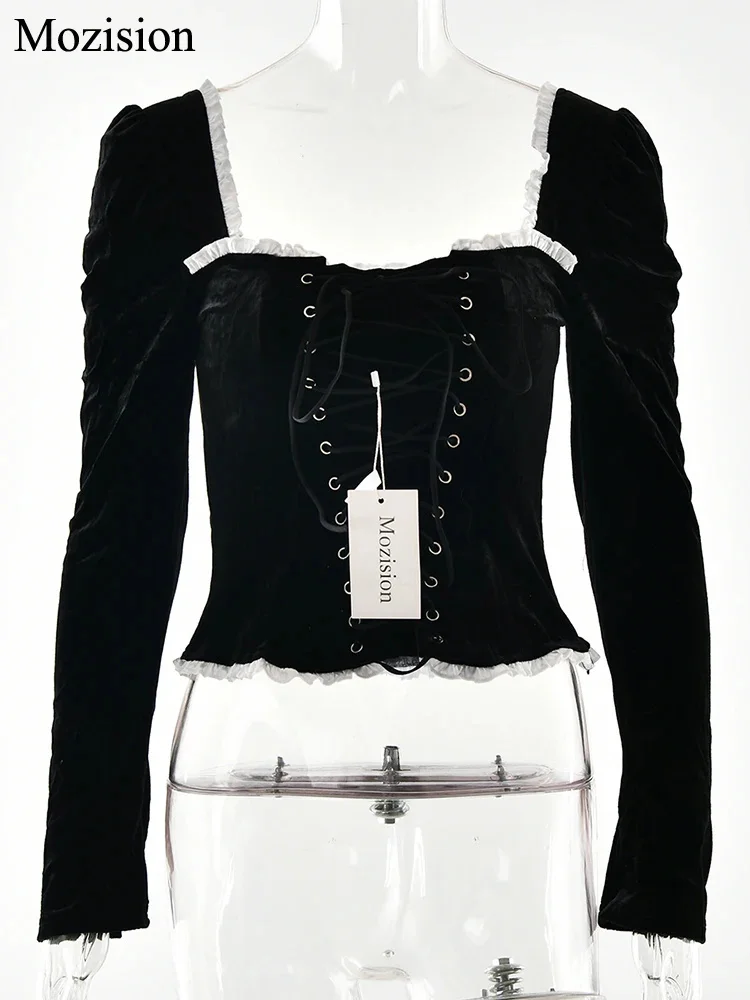 Mozision Square Collar Backless Bandage Sexy T-shirt Women Autumn Winter New Black Shoulder Pad Sleeve Skinny Sexy Party Tops