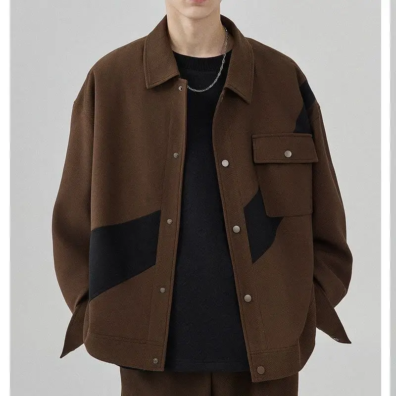 

Men's Spring and Autumn New Lapel Color Block Button Pocket Fashion Jacket Casual Top