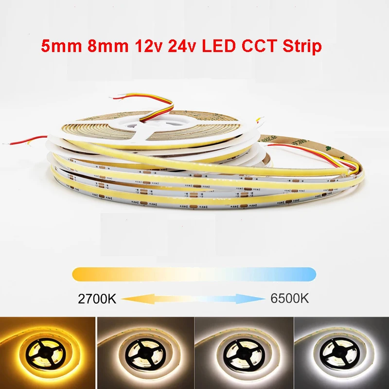 5m 12V 24V 5mm 8mm 10mm LED Cob CCT Strip 3 Wire Three Color Temperature 3000k 4000k 4500k 6000k Dimmable Soft  Flexible Tape