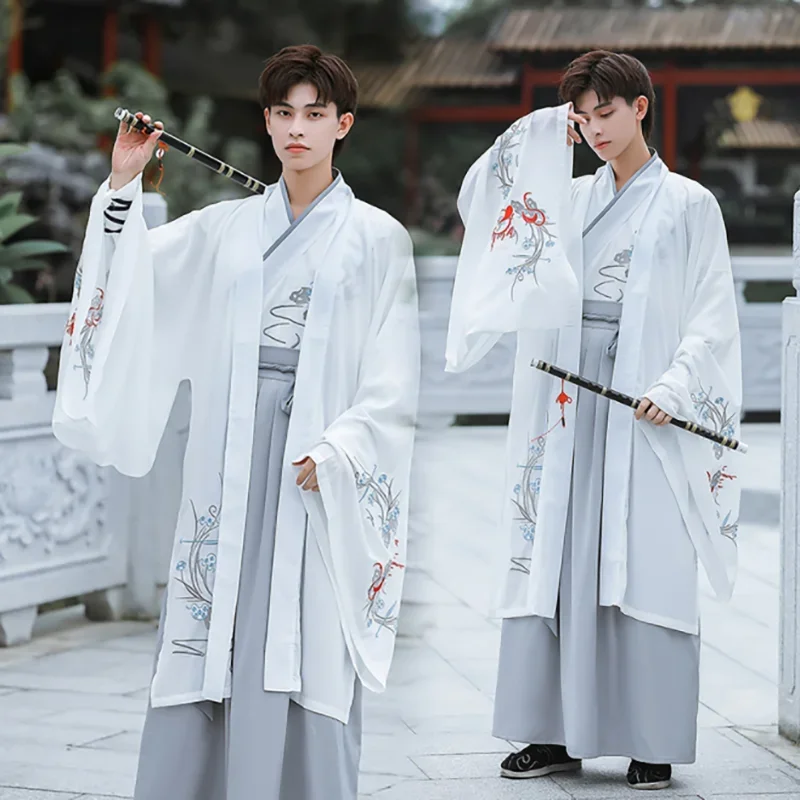 Large size 4XL hanfu dress men Chinese traditional cosplay costume 2023 ancient hanfu White & Gray 3PCs sets for men plus size 3