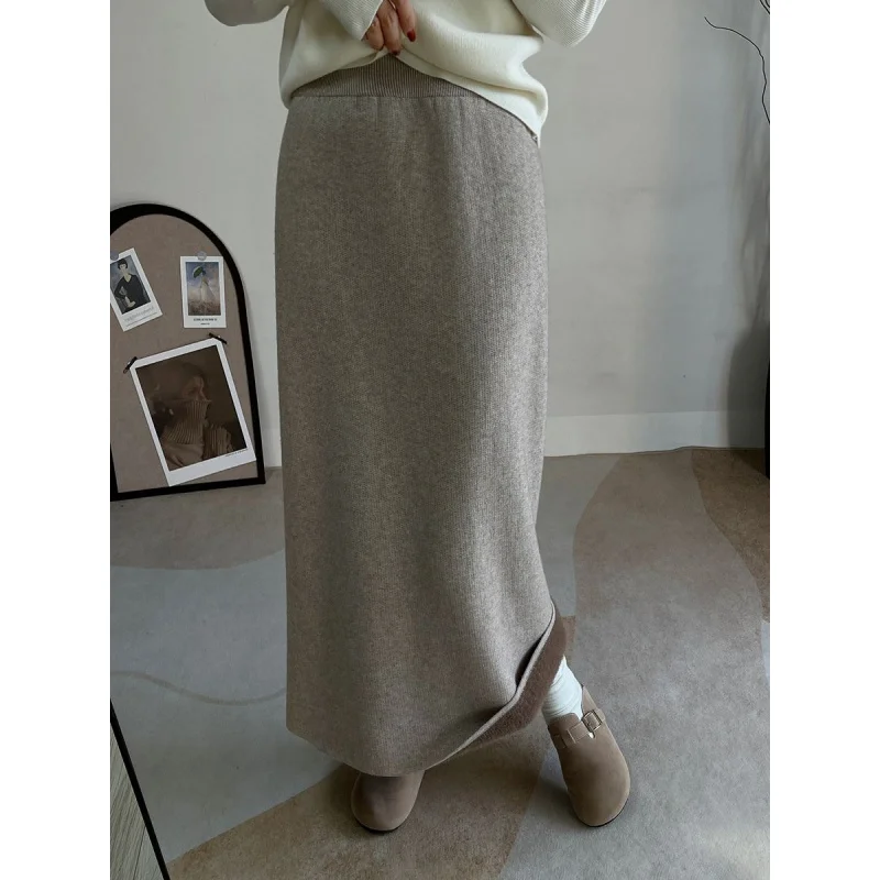 Winter Fleece-Lined High-Waisted Slit Knitted Midi Skirt Hip-Covering Loose Straight Skirt Versatile Bodycon Skirt Women's Long