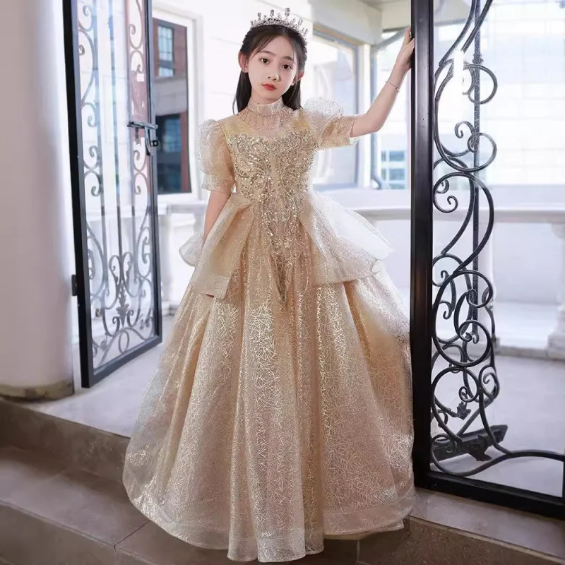 Girls' Evening Light Luxury Princess Children's Dress Champagne Color Little Host Show Flower Girl Piano Performance