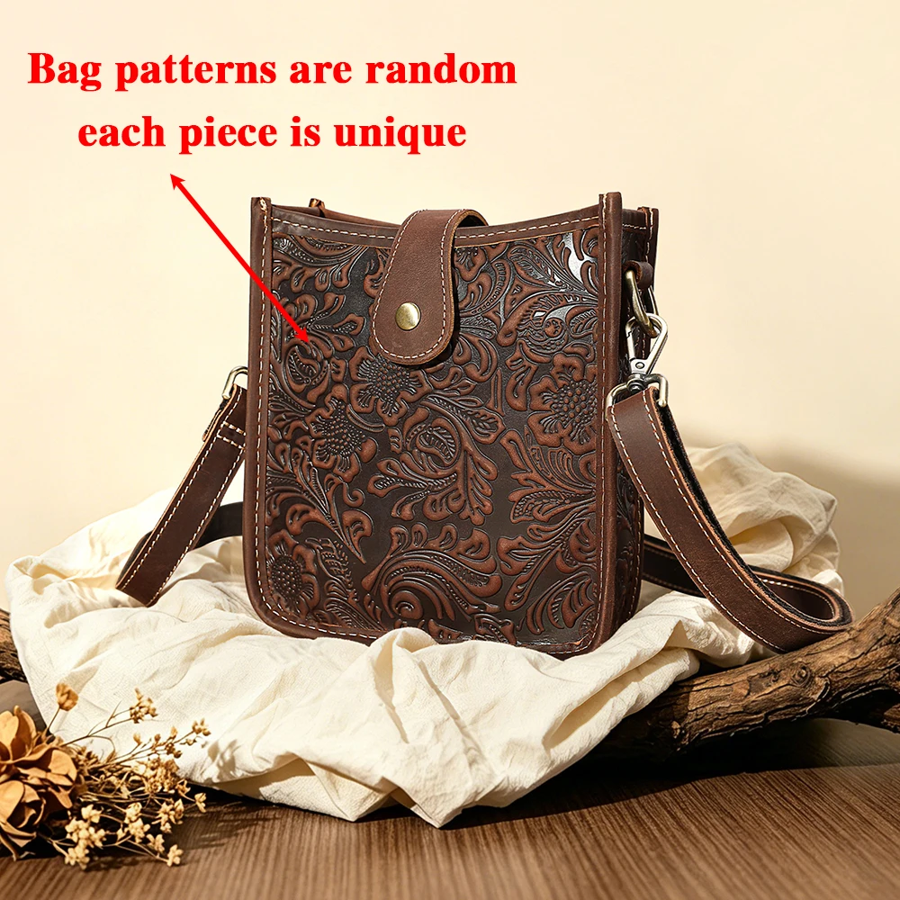 Women Genuine Leather Embossed Floral Crossbody Bag Vintage Shoulder Purse Adjustable Strap Casual Daily Messenger Handbag