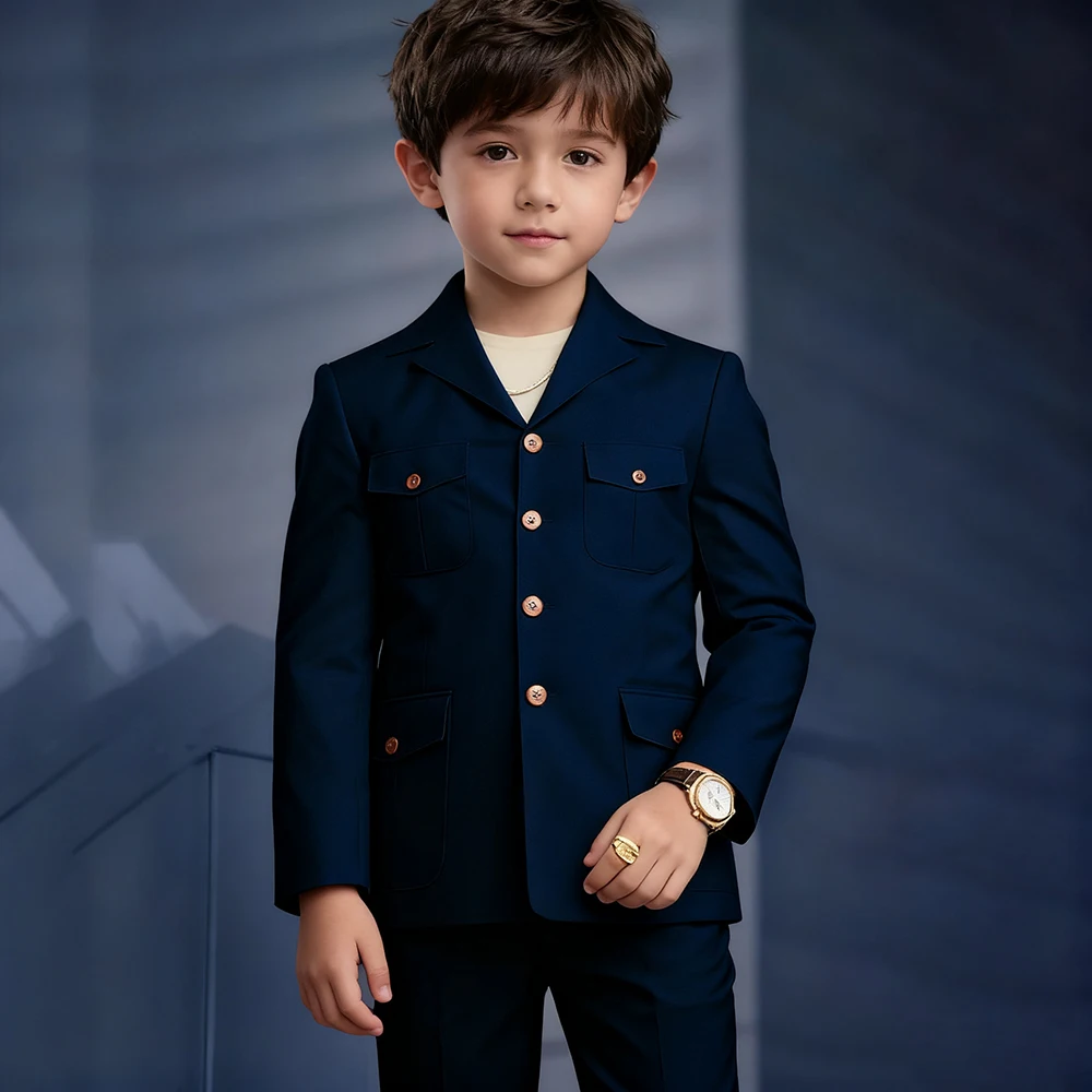 

Navy Blue Boy's Suits Elegant Single Breasted Notch Lapel 2 Piece Jacket Pants Full Sets Customzied Kids Festival Outfits