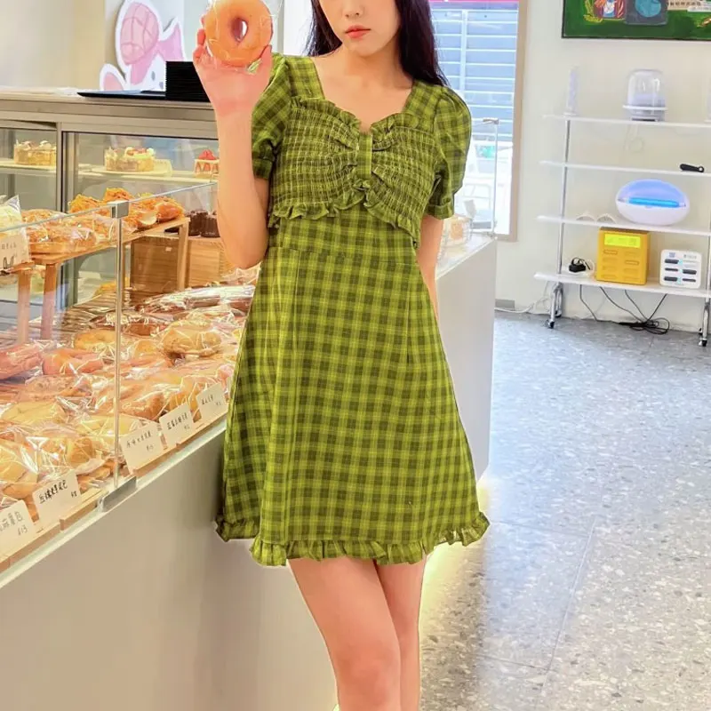 Female Clothing Plaid Sweet Mini Dress Fashion Shirring Folds Summer Short Sleeve Vintage Elegant V-Neck A-Line Commute Dresses