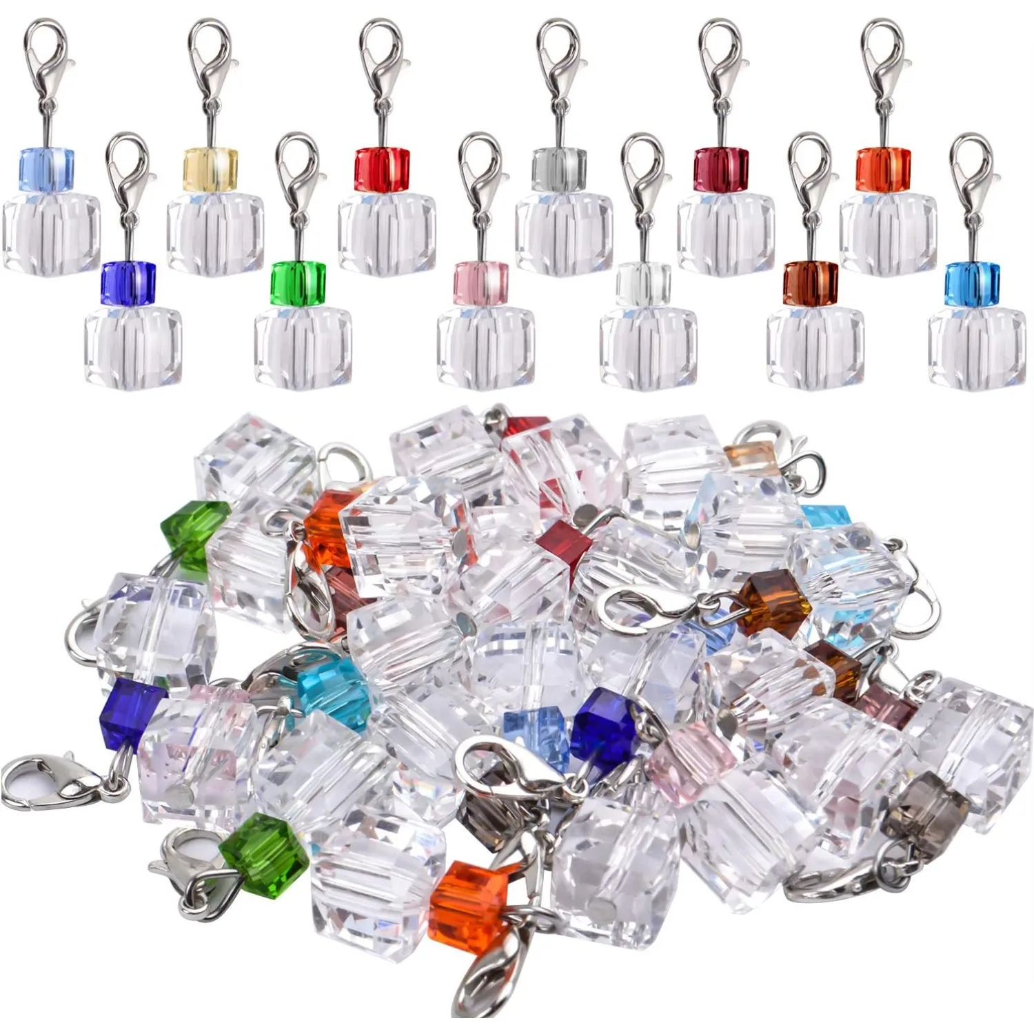 

24 Pieces Clear Crystal Dangle,12 Colors Cube Faceted Crystal Dangle Charms Glass Pendant for Necklace Keychain Purse Decoration