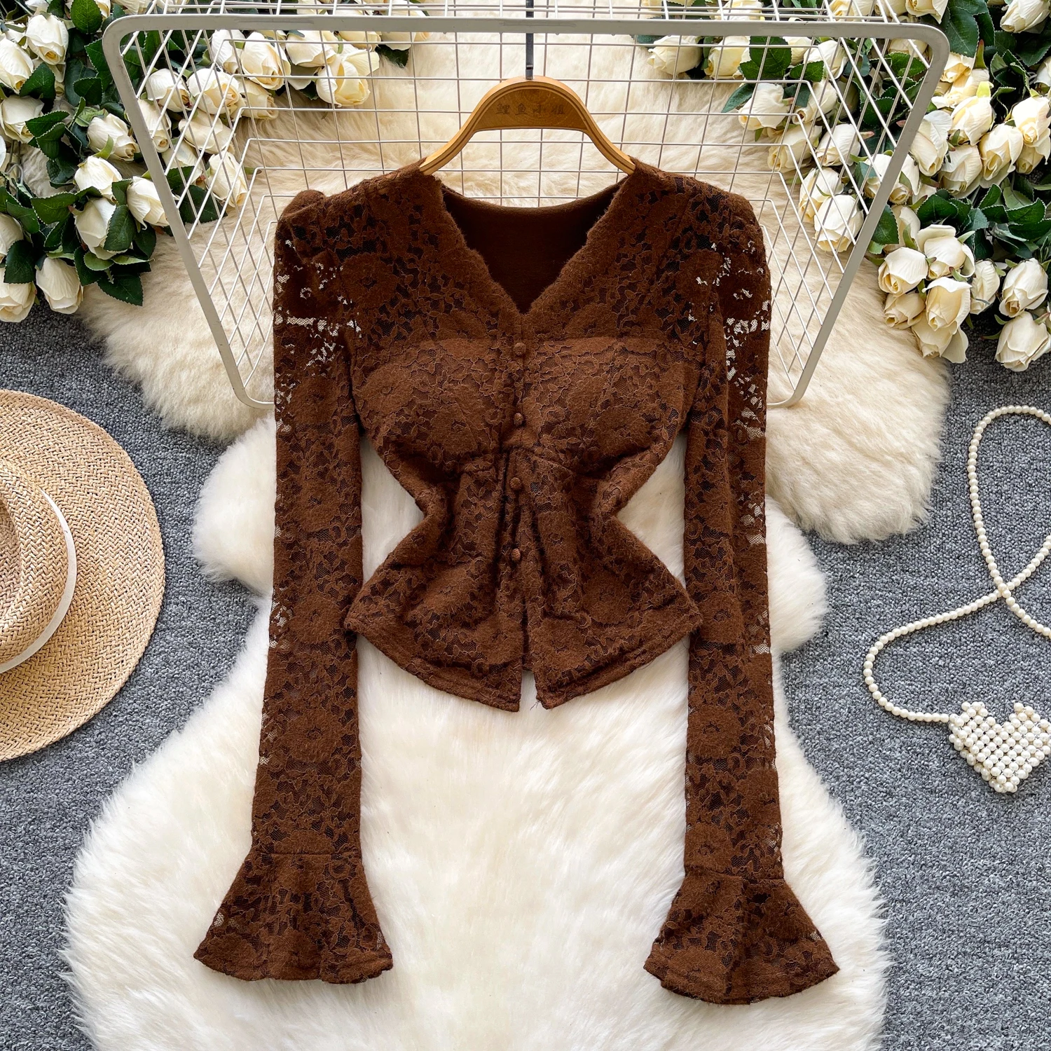 

Шикарная винтажная корейская модная блузка с расклешенными рукавами и v-образным вырезом, женская осенняя женская одежда