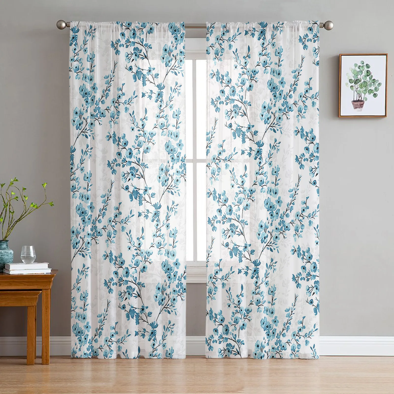 

Blue Flower Leaves Sheer Curtains for Living Room Decoration Window Curtains for Kitchen Tulle Voile Organza Curtains