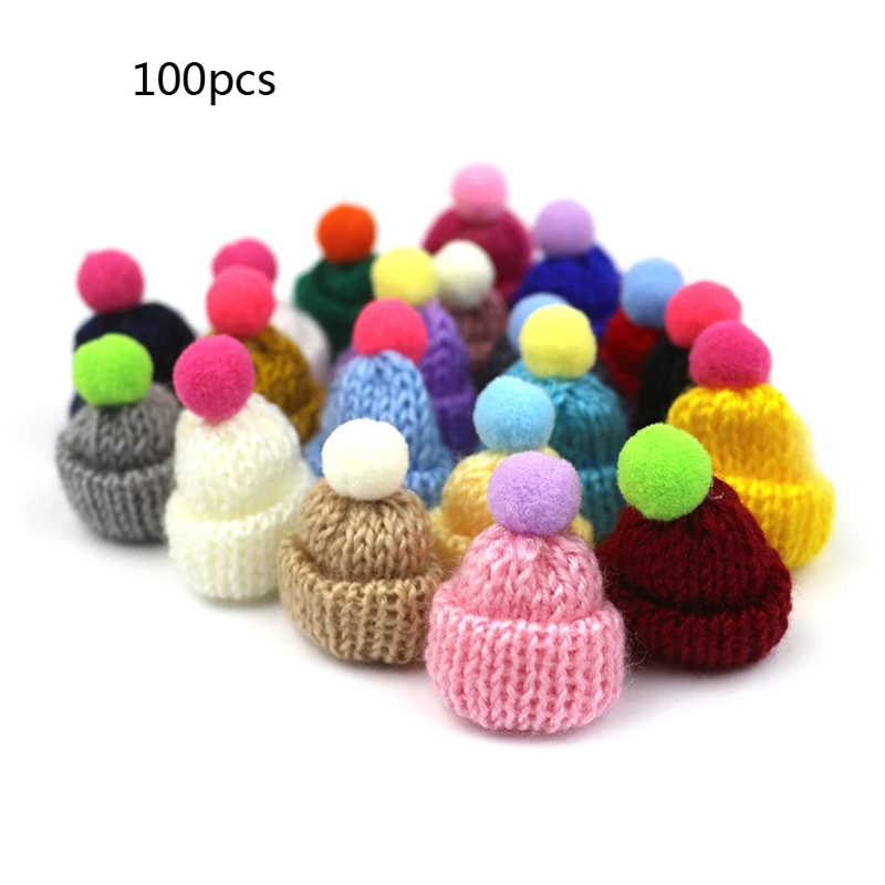 100 Pcs Handmade Mini Finger Hat Pom Pom Hat Jewelry Christmas Knit Hat Crafts