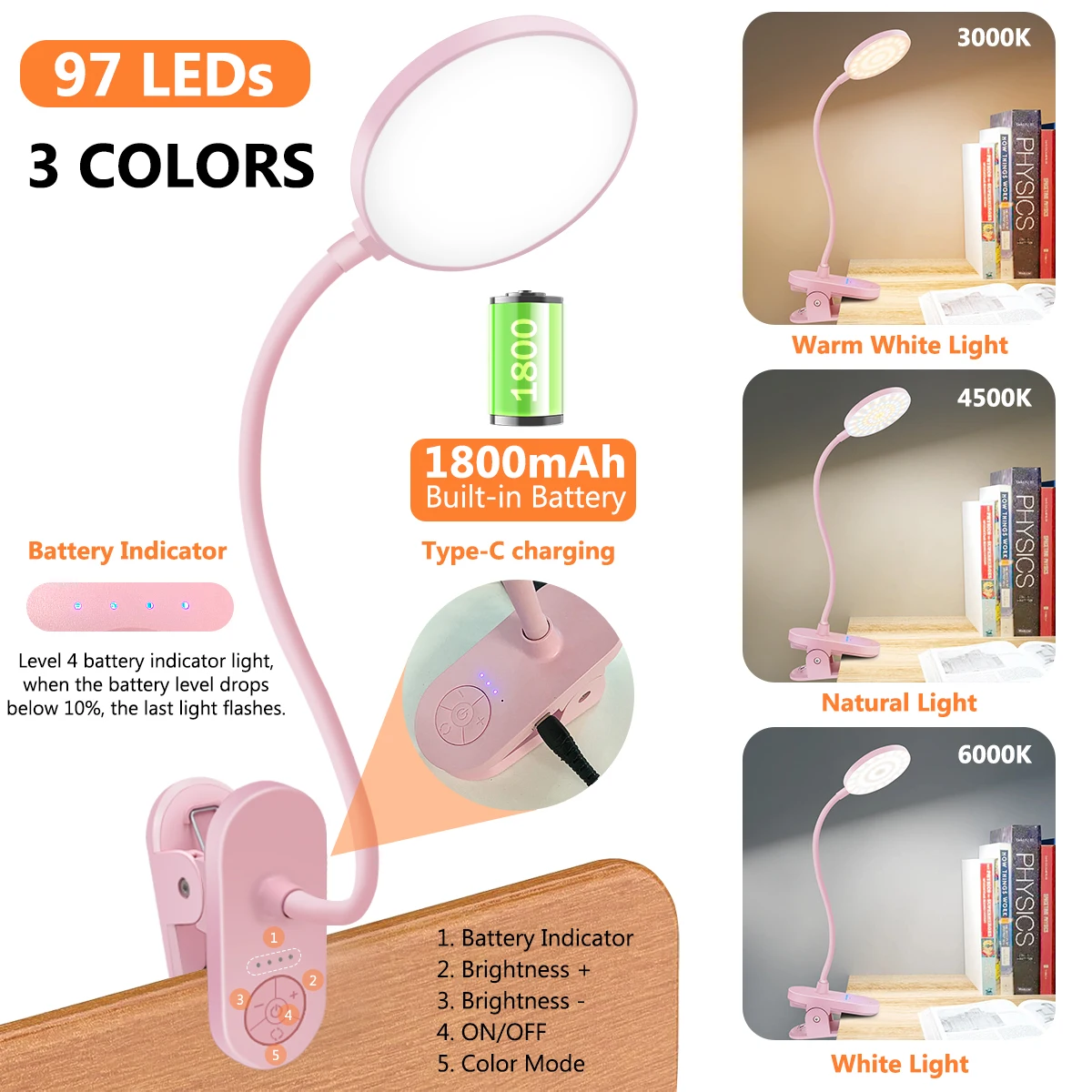 Portable LED Clip On Night Light for Babies Kids Adults Dimmable Rechargeable 3 Colors for Desk Crib Diapers Reading Feeding Bed