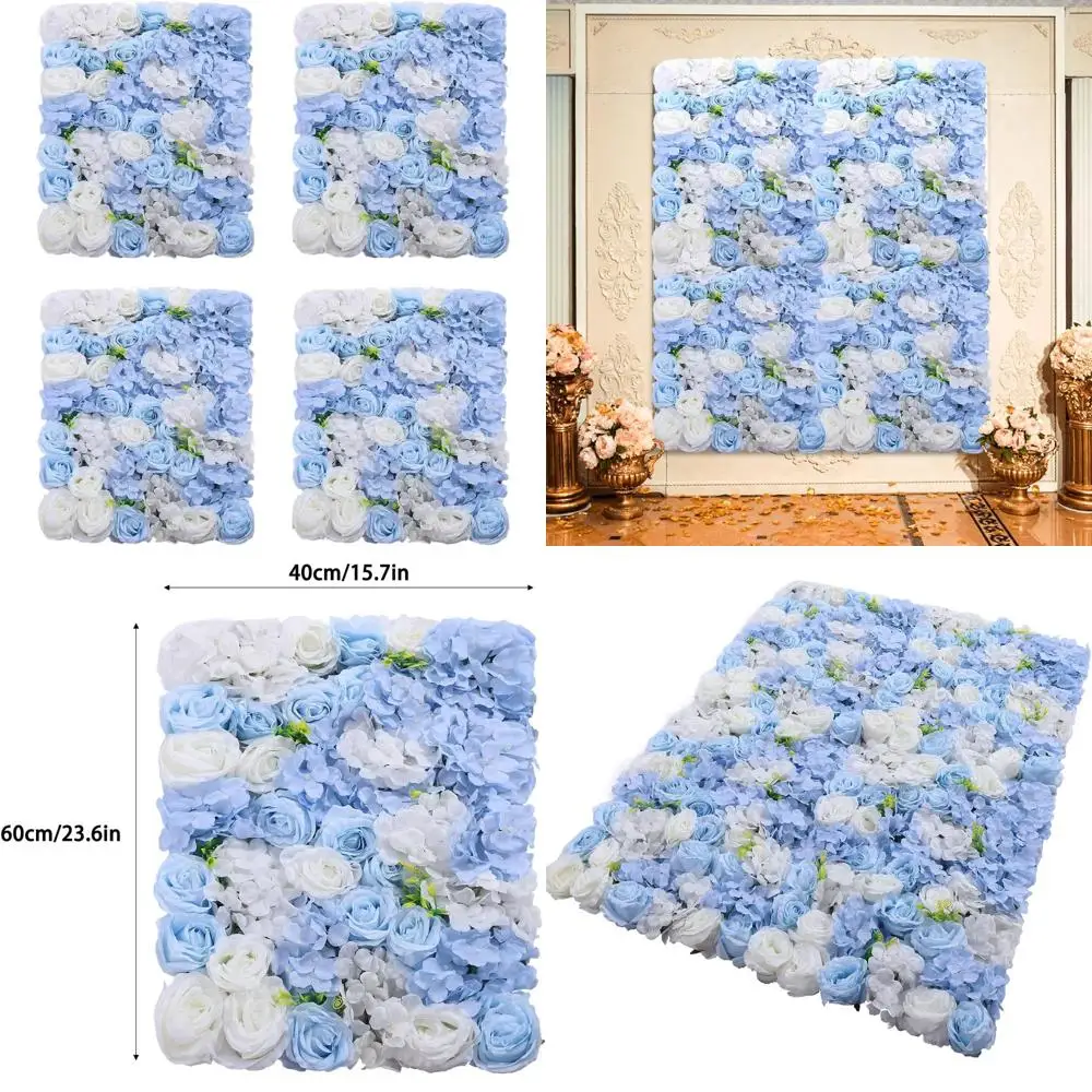 

Набор из 4 искусственных нижних декоративных панелей для стен, 24x16, сине-белые с гортензиями и розами, для декора свадебных или праздничных мероприятий