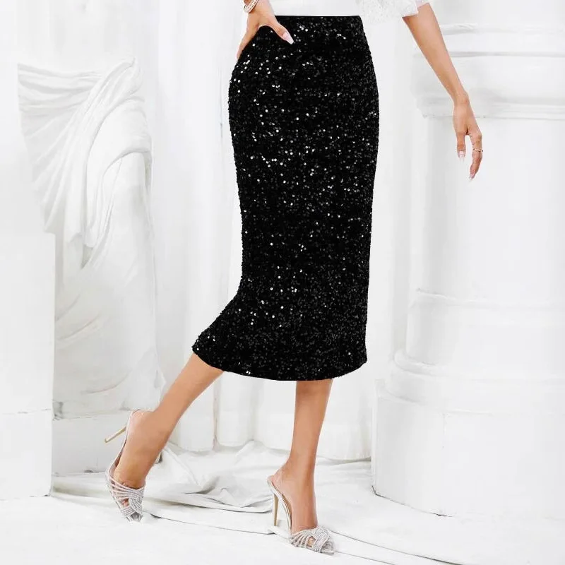 Sexy High Waist Sequin Midi Skirt Women's Fashion Elegant Commute Heavy Embellishment Half-length Skirts Cross-Border