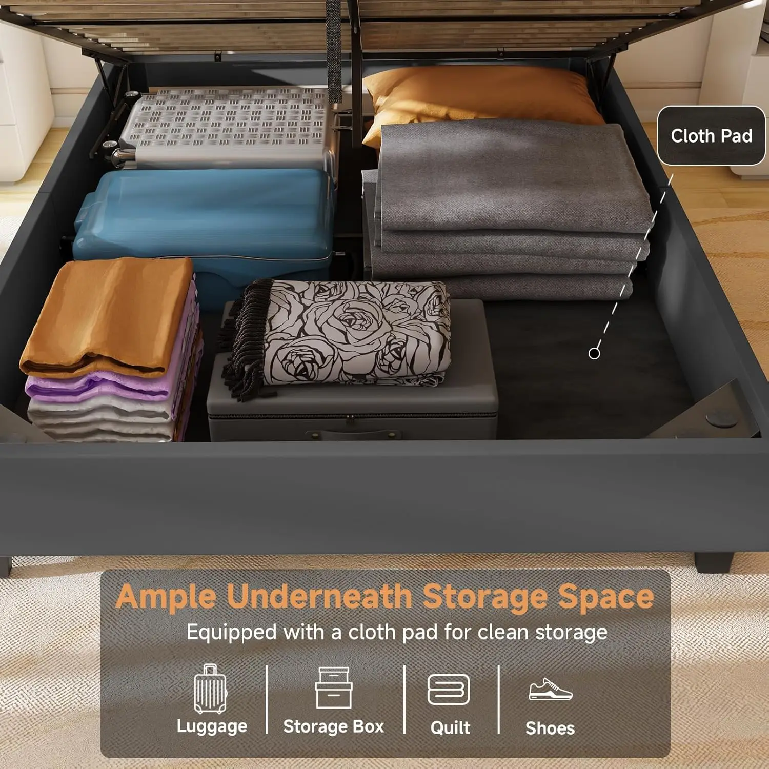 Queen Size Lift Up Storage Bed Frame, Upholstered Platform Bed With Adjustable Tufted Headboard, Hydraulic Storage, Easy