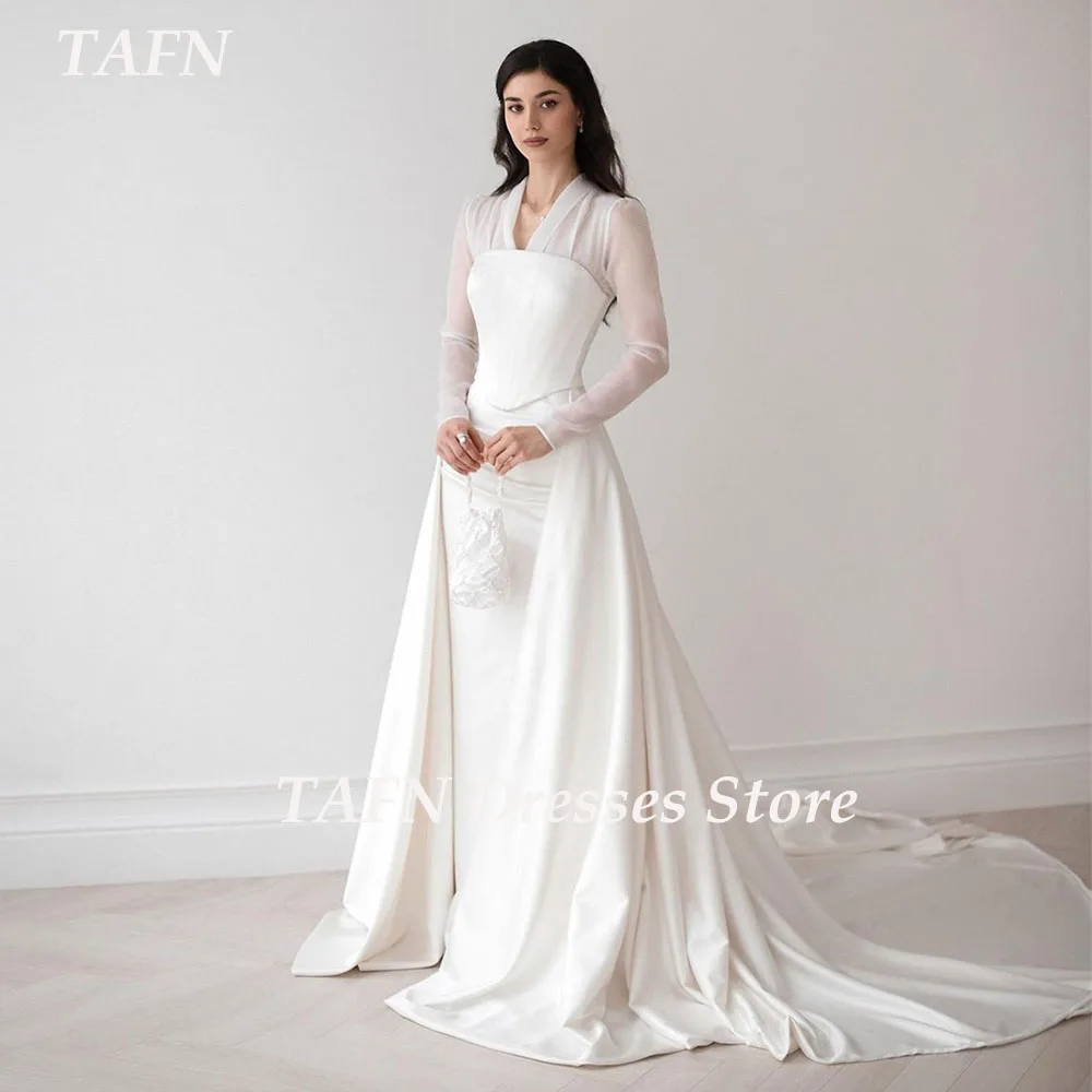 

TAFN Modest Wedding Dresses Floor-Length Long Sleeves Chapel Train Bridal Gown A-line vestidos de novia Custom Made