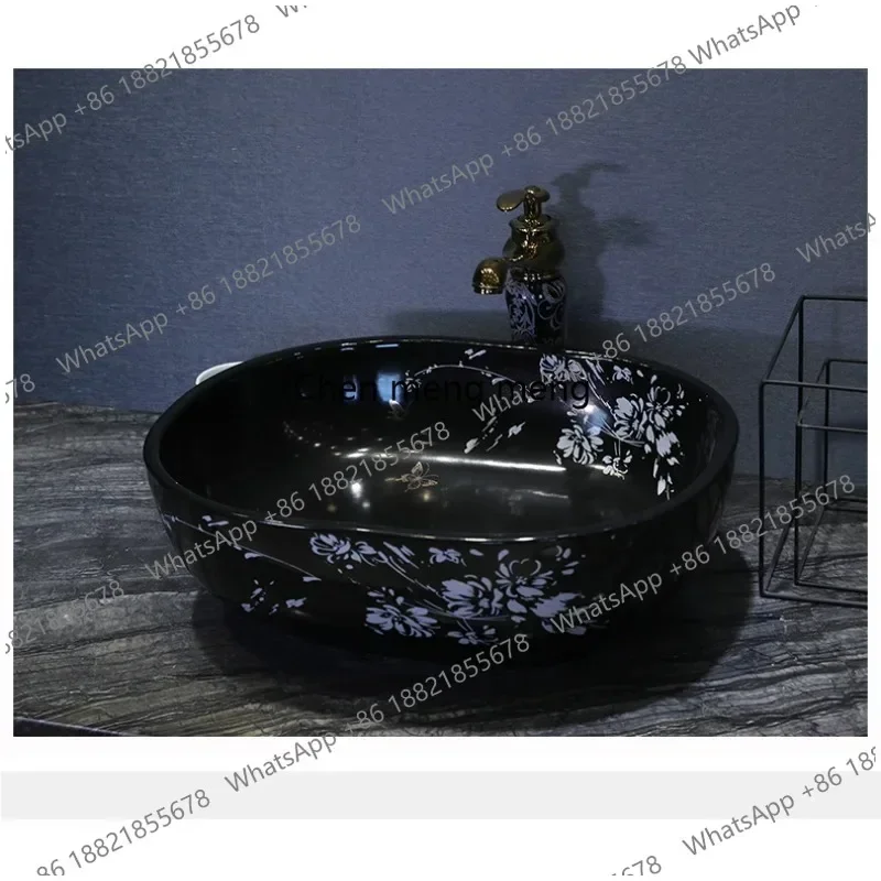 Z136Oval Black Painting Jingdezhen factory directly art hand painted ceramic wash basin outdoor wash basin bathroom sinks