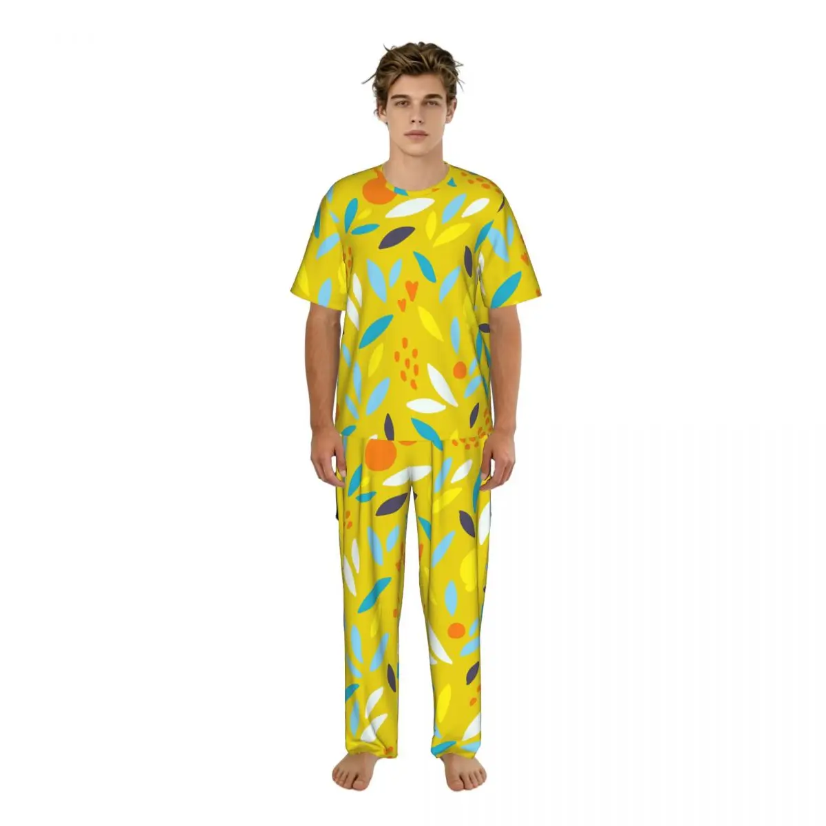 

Мужской пижамный комплект с милыми рисунками апельсинов, лимонов и листьев в ярких цветах, с короткими рукавами, весенне-летняя одежда для отдыха, мужская ночная одежда