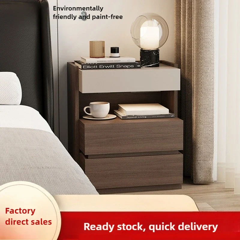Minimalist Solid Wood Bedside Table, Bedroom Household Simple Modern Small Bedside Storage Cabinet, Three-layer High Cabinet