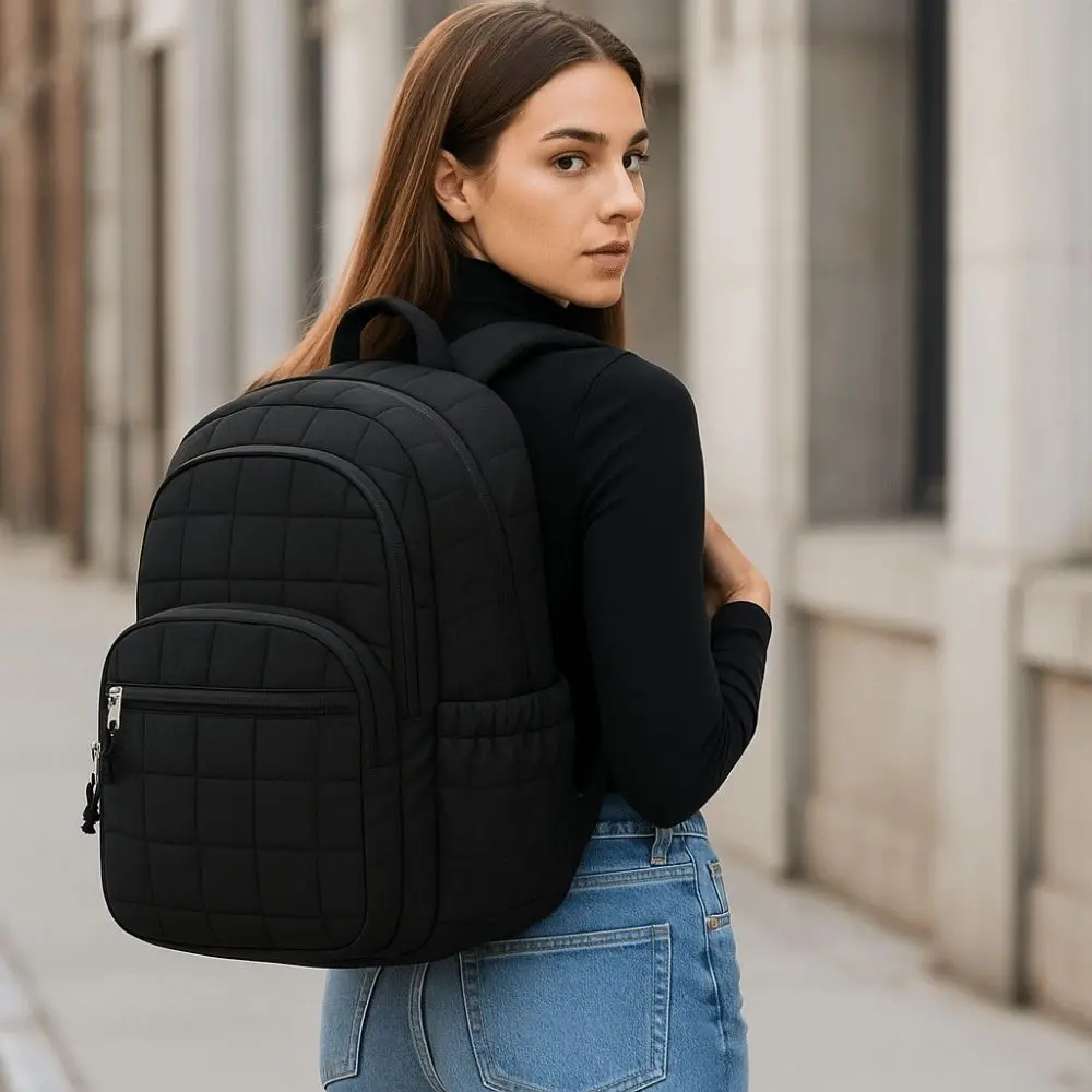 Creative Travel Backpack Fashionable Quilted Plaid Students School Bags Adjustable Straps Solid Color College Student Backpack