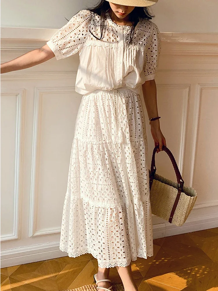 GypsyLady Embroidery Elegant Chic Dress Sets Summer Hollow Out Beige Tiered Skirt Womens Blouse Casual  2 Piece Sets Outfits