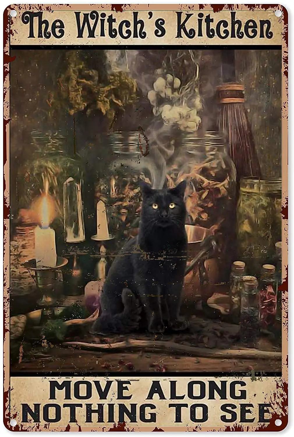 Black Cat The Witch's Kitchen Move Along Nothing to See Vintage Metal Tin Sign 8x12 Inches Wall Decor for Bars Restaurants C