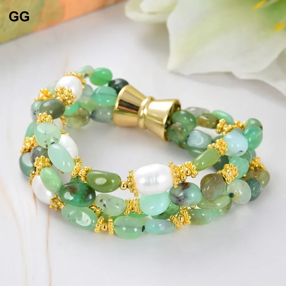 4 Rows Natural Green Chrysoprase Stone White Rice Pearl Bracelet Jewelry Gifts