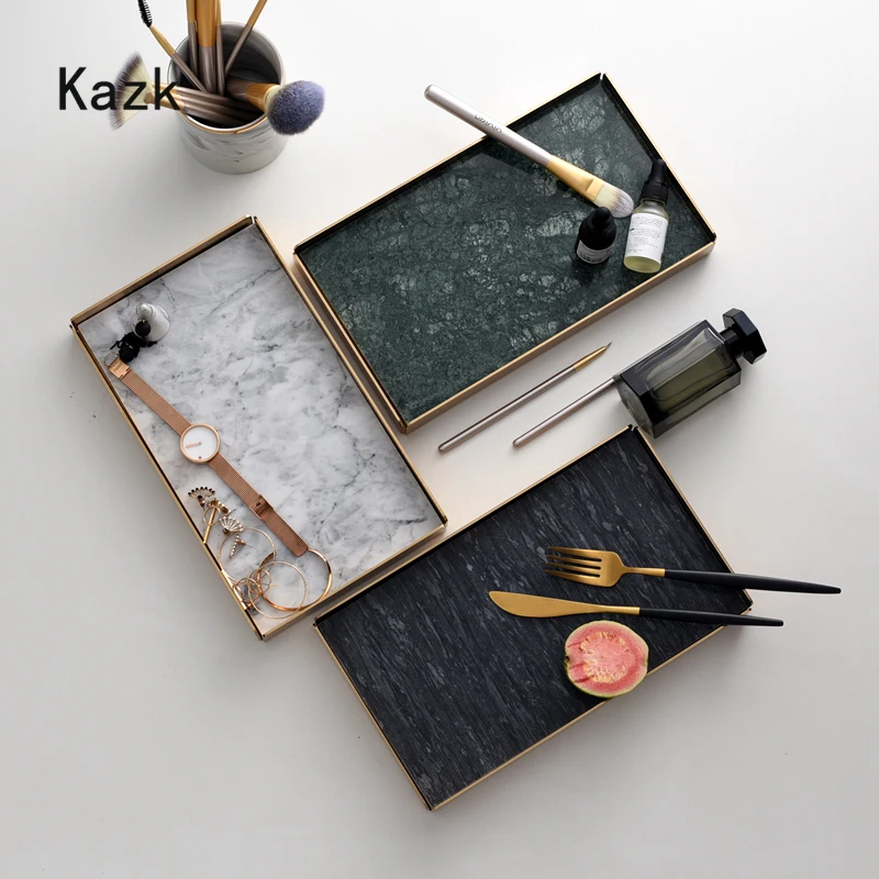 

Natural Marble Tray Nordic Light Luxury Metal Side Trays Decorative Home Living Room Decoration Ornaments Jewelry Storage Tray