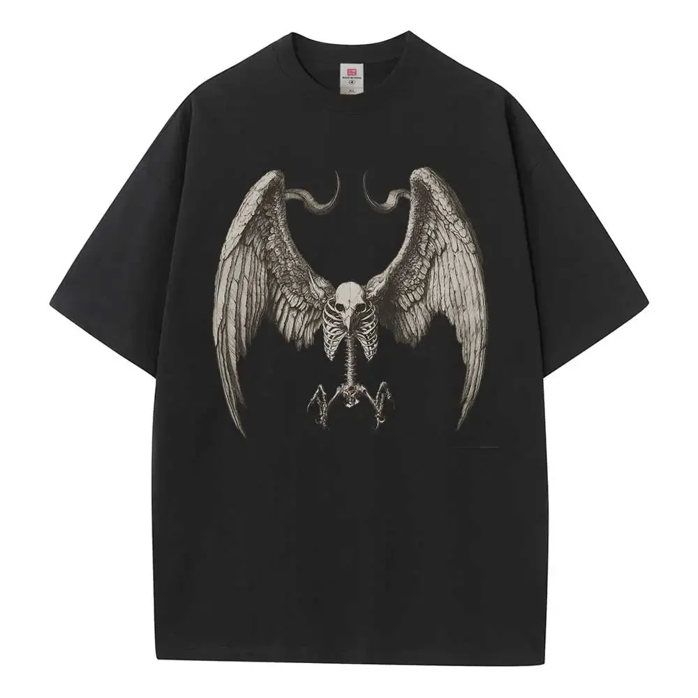 Baggy T Shirt Cotton Graphic Tees Wing Skeleton Weird Dropped Shoulders Vintage Unisex Tops Oversize T Shirts Breathable Printed