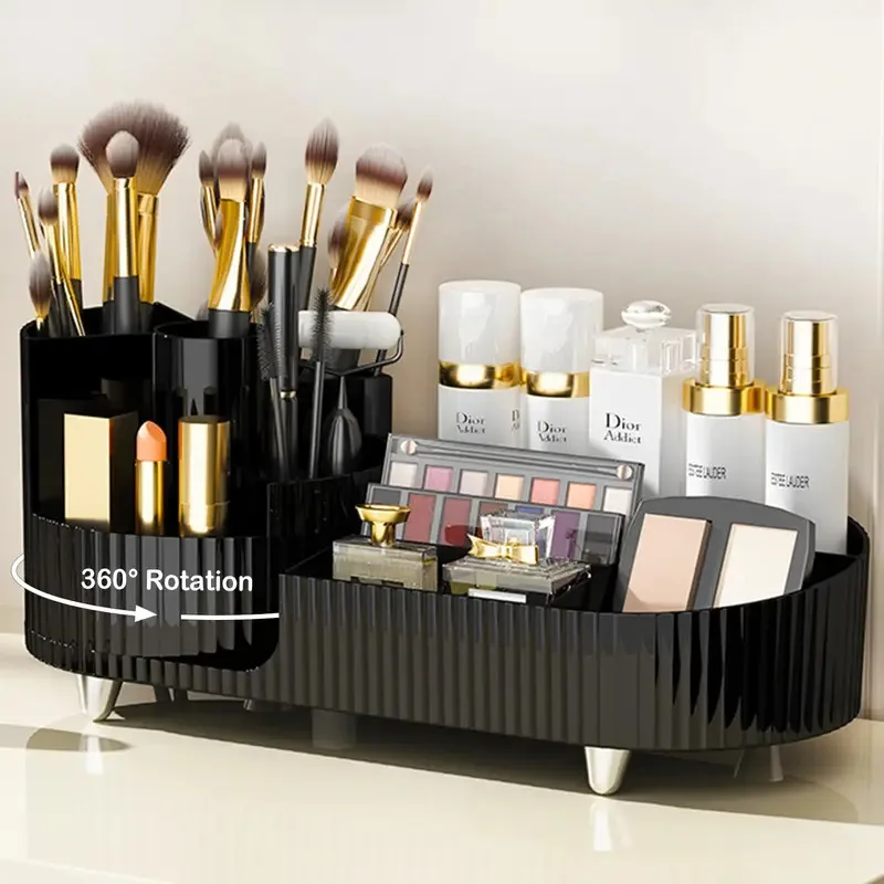

Rotating Makeup Organizer for Vanity with Brush Holder, 360° Spinning Cosmetic Storage, Clear Skincare Perfume Display Case