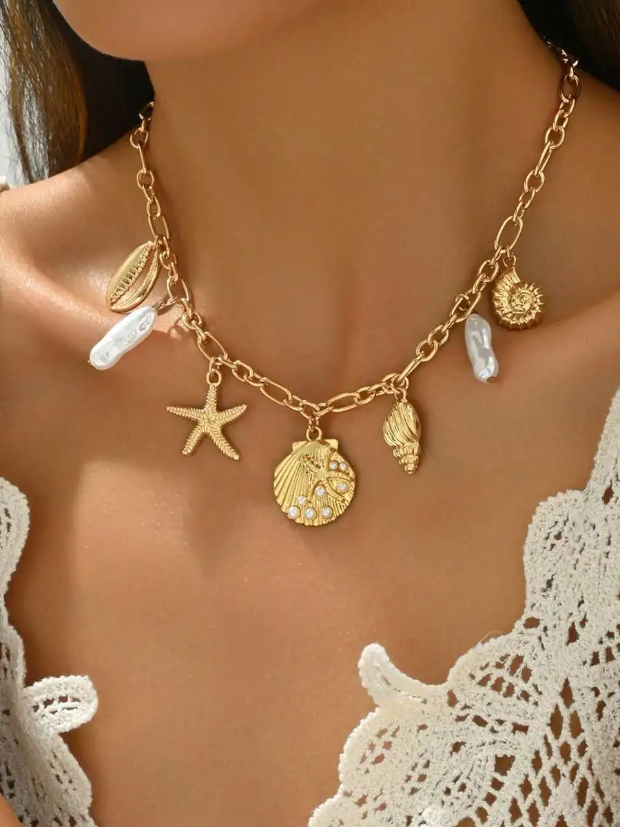 1pc Fashionable Faux Pearl, Seashell, Starfish Metal Pendant Necklace, Women Ocean Vibe Jewelry Suitable For Daily Wear, Beach V