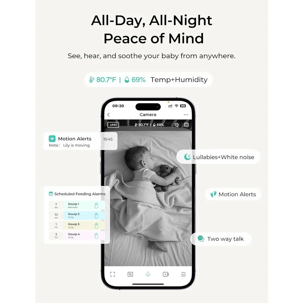 VistaView Lite Smart WiFi Baby Monitor with 2 Cameras- 4” 720P Split Screen & 1080P Camera App Control, Motion Alerts, Night Vis