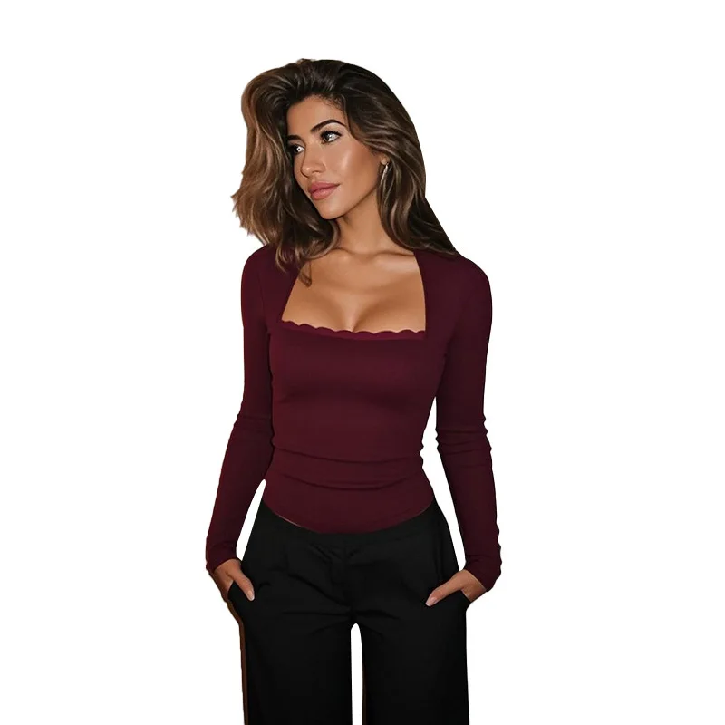 Cross-border Square Collar Top 2025 Autumn and Winter New Slim and Thin Long-sleeved Commuting Versatile T-shirt Cw64366