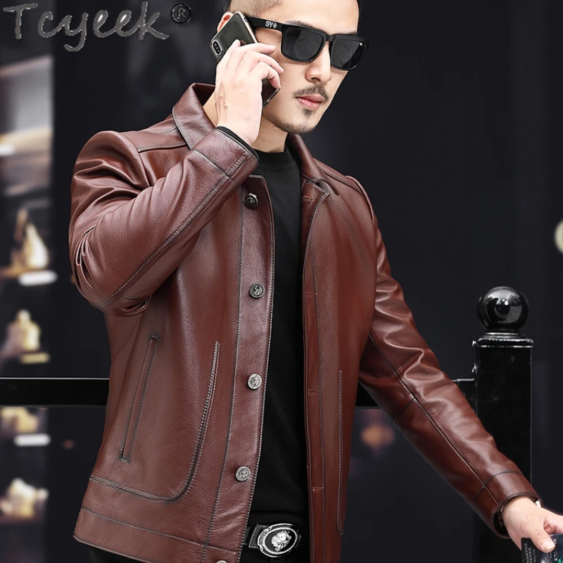 Tcyeek Top Layer Cowhide Coat Male Autumn Winter Clothes Men's Motocycle Jacket Genuine Leather Jackets Down Coats for Man