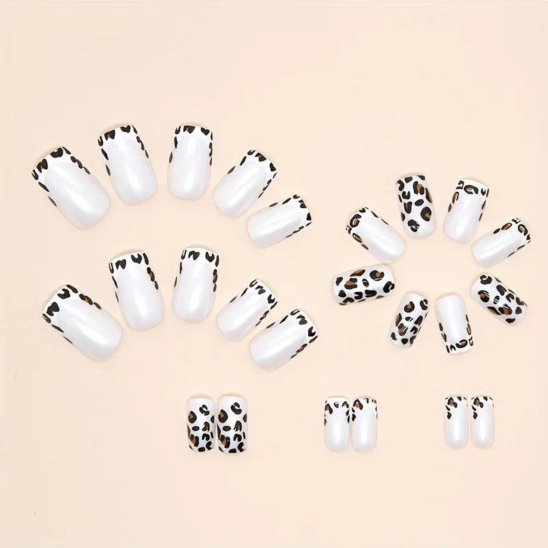 Leopard Print PrOn Nails, Short Square Glue On Nails, Glossy Fake Nails For Women And Girls, 24 Pcs - Detail 1