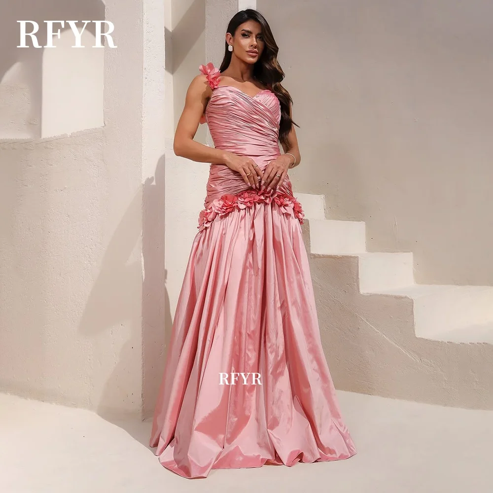 

RFYR A Line Prom Dress with Pleats Pink Evening Dress with Flowers Elegant Celebrity Gala Dress for Women vestidos de fiesta