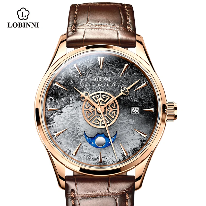 LOBINNI Men Mechanical Wristwatches Meteorite Dial Watch Genuine Leather Sapphire Automatic Retro Watches Mens мужские часы