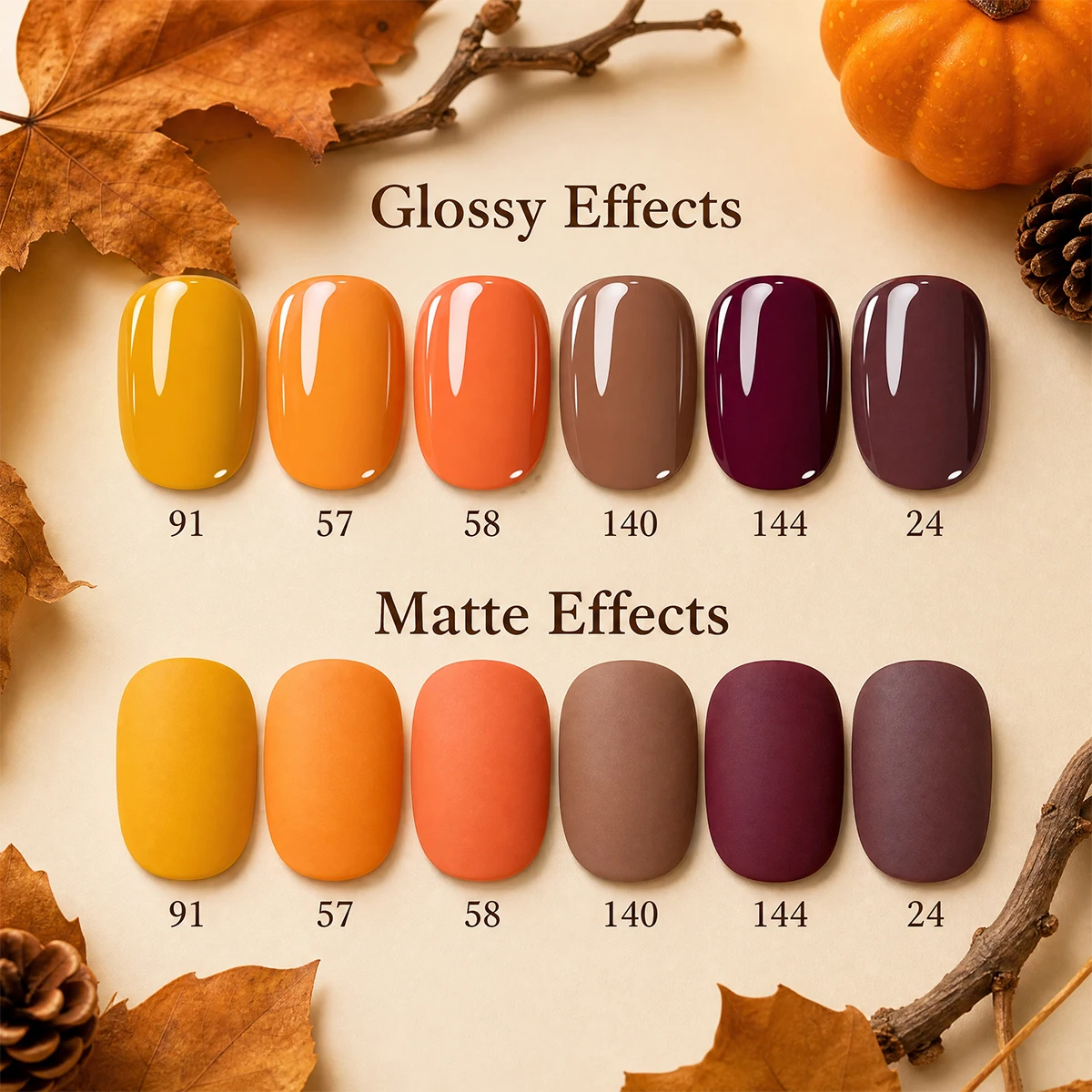 Salon-Grade 6-Piece Solid Color Gel Nail Polish Set, Autumn Pumpkin Maple Leaf Color Series: Mustard Yellow, Orange, Caramel Brown, Burgundy Red Gel, Soak-Off Uv/Led Nail Polish, High Gloss and High Color Payoff Nail Art Set, Suitable for Nail Salons and Home DIY