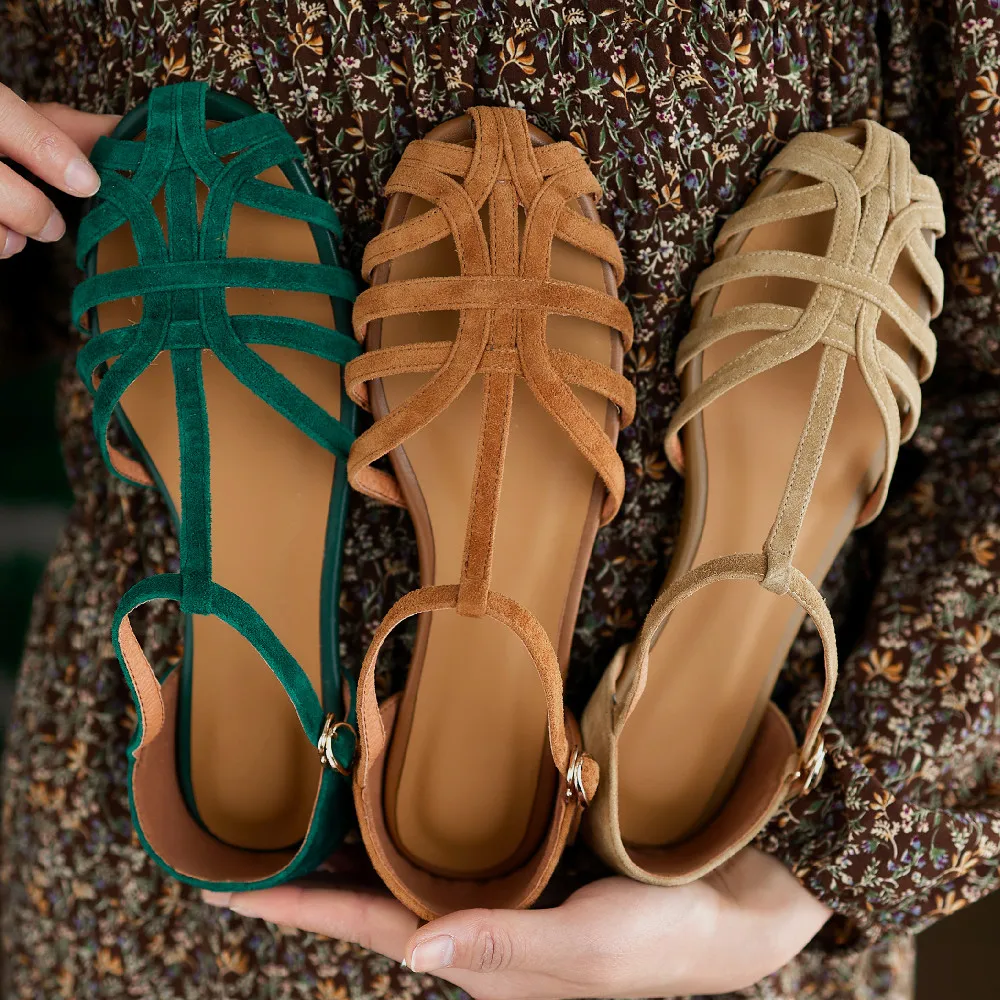 Damskie naturalny zamsz skórzane wąskie paski splecione z paskiem t-strap płaskie sandały z okrągłym noskiem na co dzień obuwie damskie letnie buty damskie