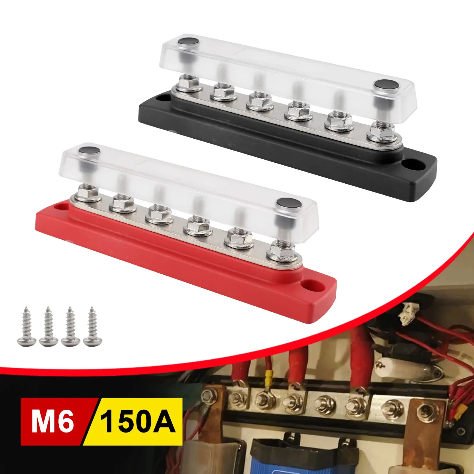 150A 4 x M6 Terminal Studs Marine Bus Bar with Cover For Car Truck 6 Way Power Distribution Block 48V Bus Bar Terminal Block