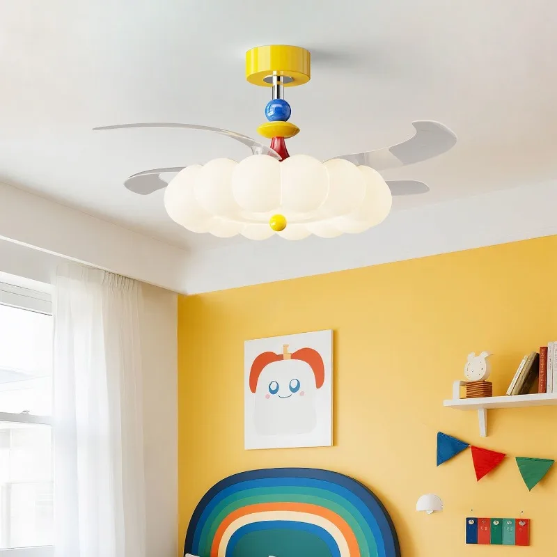 Modern Cream Style Hidden Blades Ceiling Fan Light 2 in 1 Eye Caring for Childrens Room Restaurant Home Decor Room Decor LED