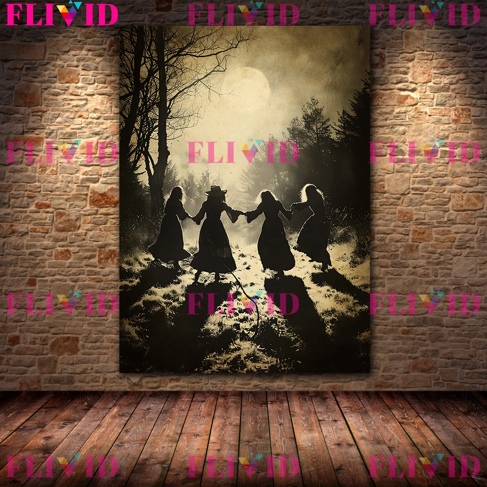 Witches Dancing Ritural Spooky Wall Art Canvas Painting,Salem Witch Trials And Witches Sabbath Gothic Art Poster Print Decor