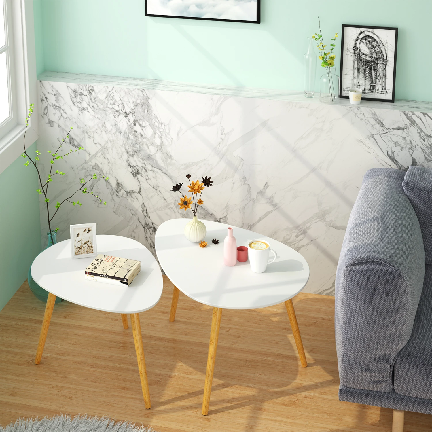 Getone Petite Table Basse, Lot de 2 Tables d\'appoint, Table de Canapé Blanche, Tables Gigognes pour Salon, Chambre à Coucher, Bureau, Scandinave