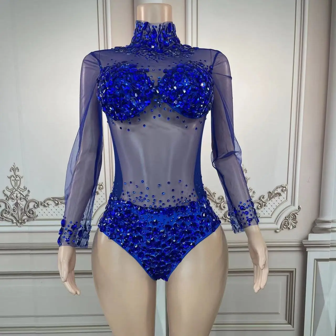 

Gogo show Transparent Stones Bodysuit Birthday Party Outfit Rhinestones Rompers Women Singer Team Dance Blue Bodysuit