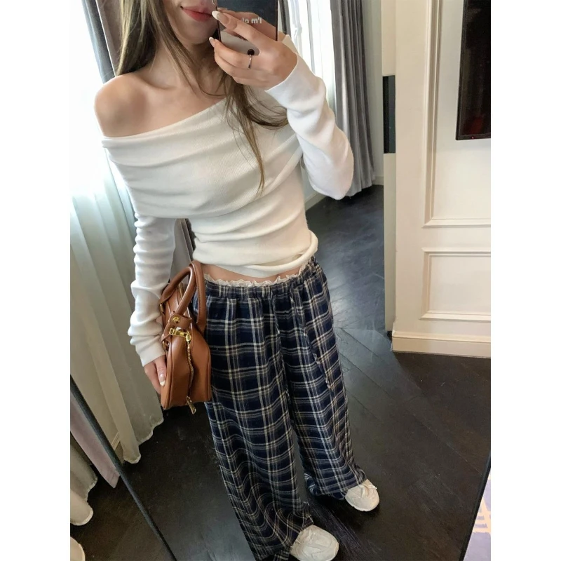 

Винтажные клетчатые широкие длинные брюки, женские кружевные свободные повседневные брюки с эластичной резинкой на талии, корейская универсальная уличная одежда