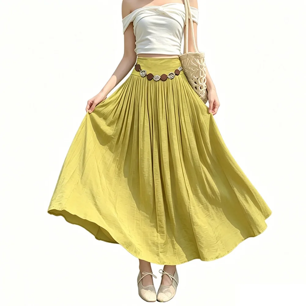 Korean Elegant Street 2026 Summer New Solid Color Holiday Fashion Pleated Skirt Women's High Waist Popular Versatile Long Skirt
