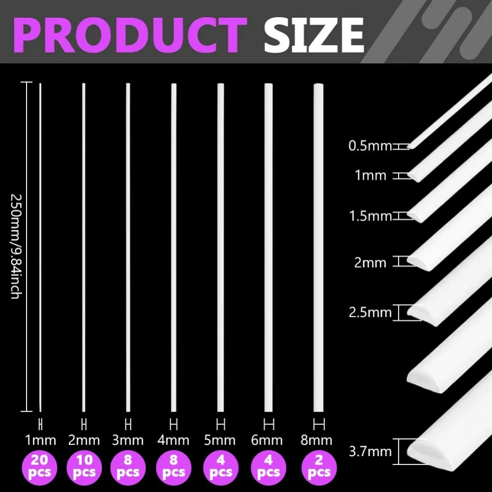 56Pcs 7 Styles ABS Styrene Plastic Half Round Bar Rods Solid Acrylic Dowel Rods Half Round ABS Plastic Rods for DIY Model