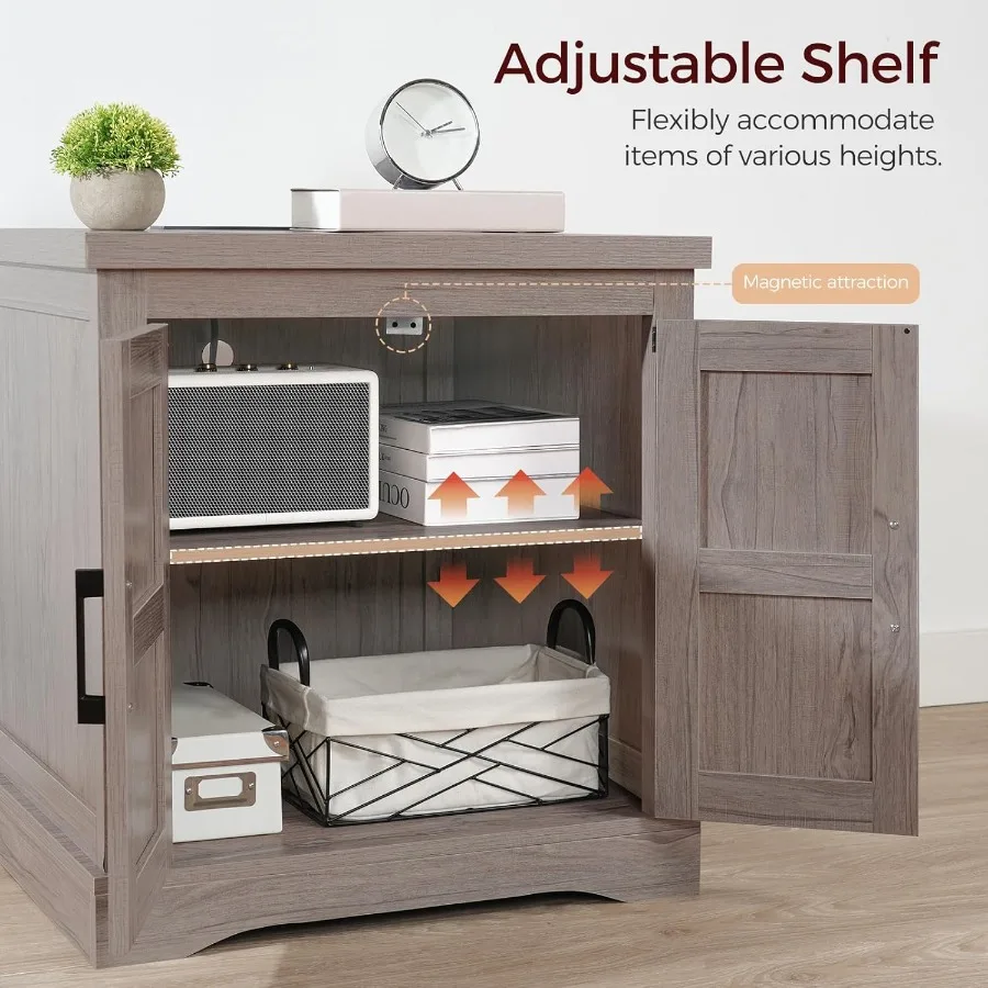 大型24インチファームハウステイドスツール、内蔵充電ステーションと納屋ドアデザイン、調節可能な収納棚、正方形、グレー、素朴なスタイル