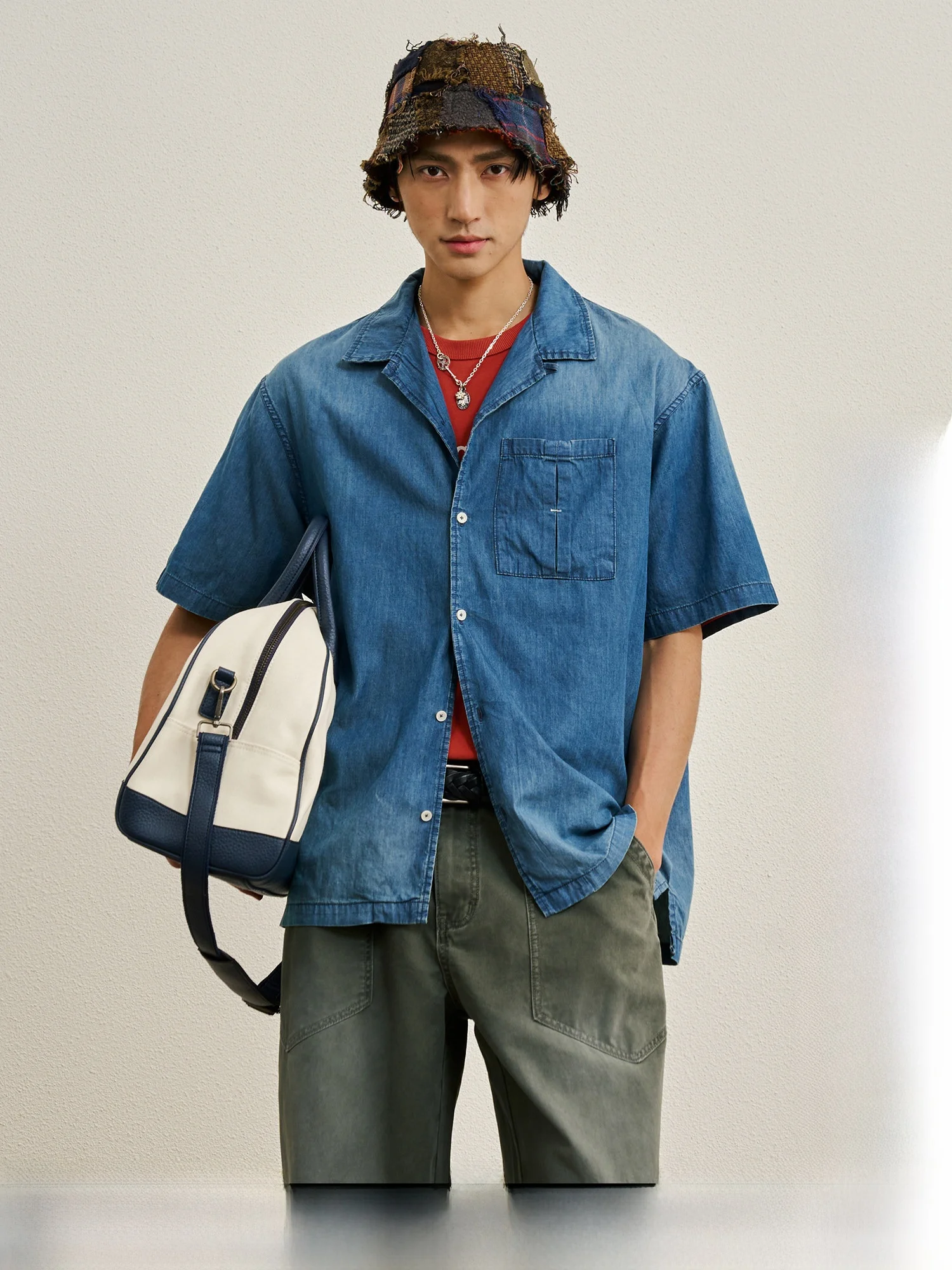 CENLES SS26 Denim Blue Washed Cuban Collar Shirt Casual Open Cardigan Outerwear Breathable Cotton Short Sleeve Men's Shirt