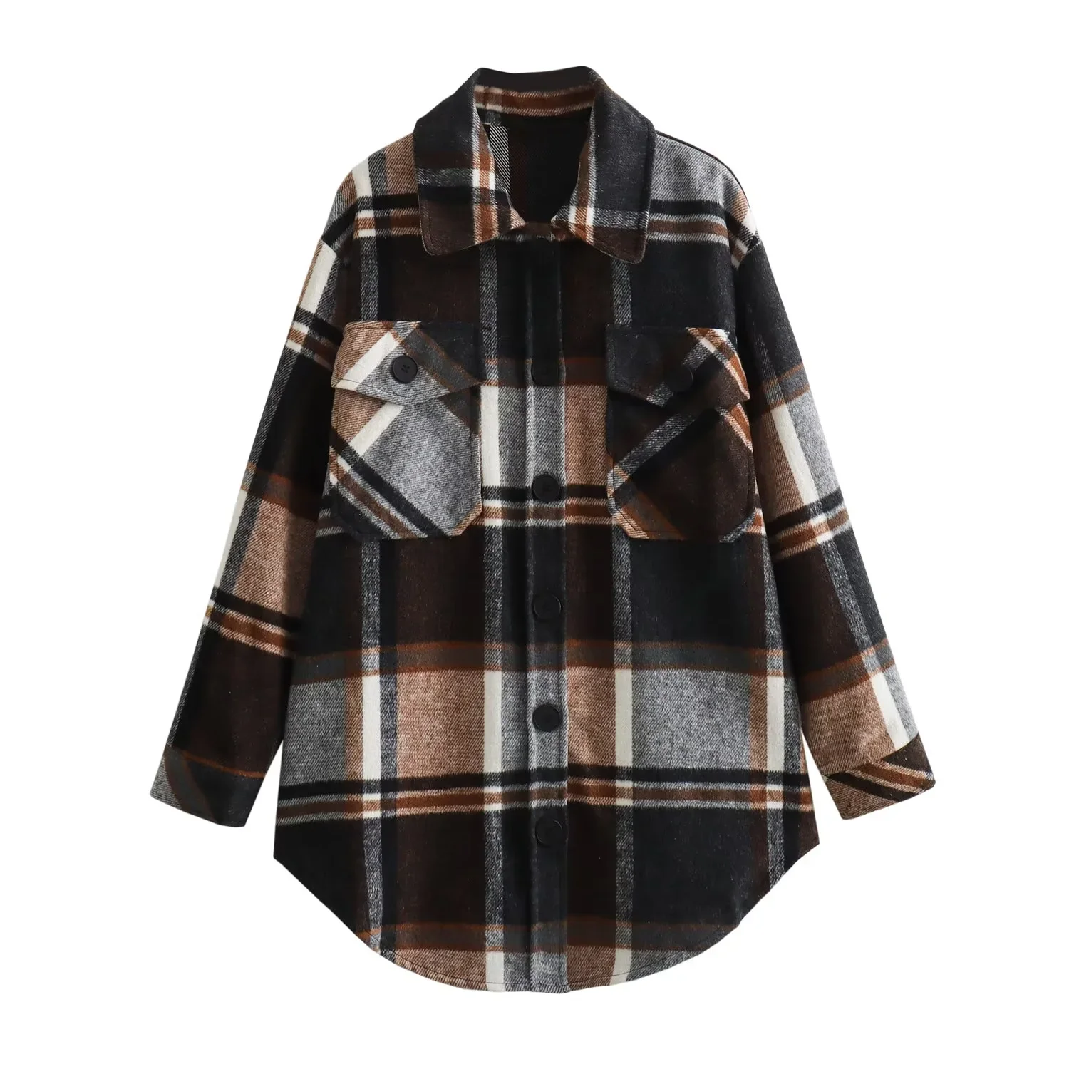 

WOMAN 2026 Summer New Fashion Plaid Coat Blouses Retro Lapel Long Sleeve Pockets All-match Casual Female Shirts Blusas Chic Tops