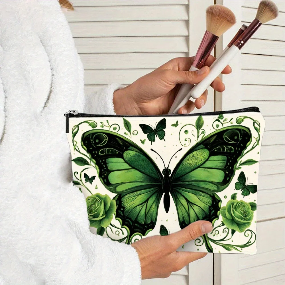 A Green Butterfly Floral Printed Makeup Bag - Cute Multi-functional Zipper Pouch, Jewelry Storage Bag