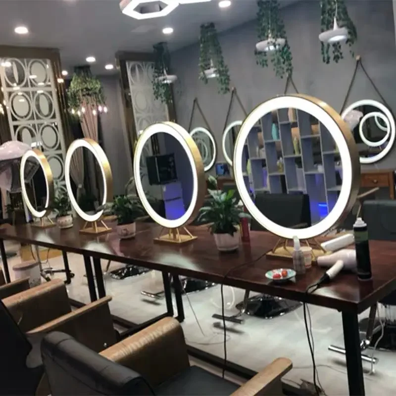 Barbershop Hair Salon Mirror Gold Led Lamp Two-Sided Nordic Beauty Salon Bedroom Makeup Mirror Living Room Round Mirror